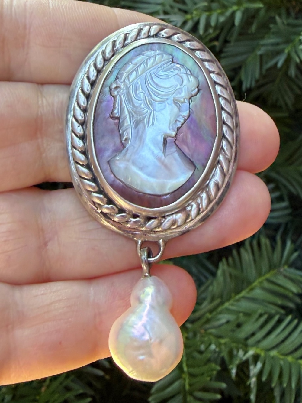 VINTAGE STEPHEN DWECK LARGE CAMEO ABALONE PEARL BROOCH PIN 925 STERLING RARE